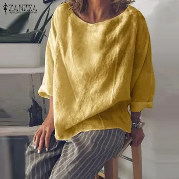 

Women's Solid Blouse 2020 ZANZEA Vintage Chemise Long Sleeve Shirts Female Elegant Loose Casual Basic Tops Plus Size Tunic 5XL