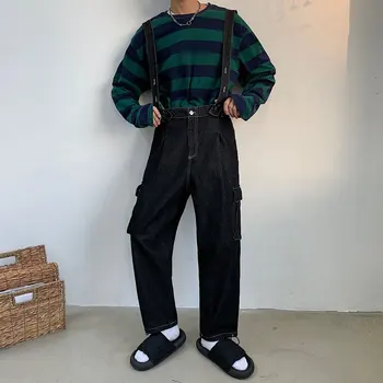 

Men Loose Casual Wide Leg Denim Bib Pants Male Japan High Street Hip Hop Jumpsuit Trousers Overalls Cargo Pant Ankle Length