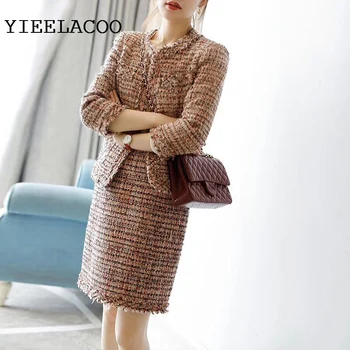

Tweed jacket + skirt suit Golden silk braid spring / autumn / winter women's jacket Business ladies 2 piece skirt suit