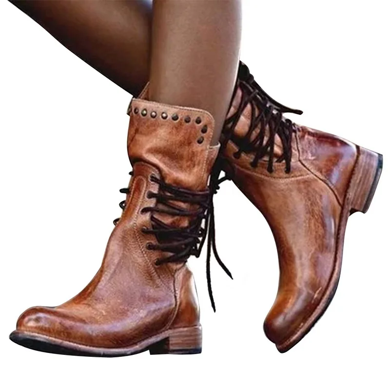 WENYUJH/Новая Женская обувь в стиле ретро; зимние сапоги из искусственной кожи; женские Модные Винтажные сапоги до середины икры на молнии с заклепками и круглым носком на шнуровке; 43 - Цвет: brown