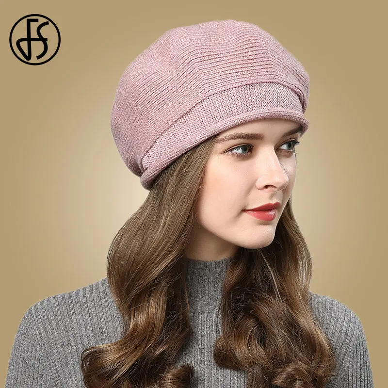 Pink Beret FS женская вязаная шапка берет шерстяной зимний головной убор женские модные береты Femme Осенняя черная розовая теплая шапка Touca Inverno Feminina - Цвет: Pink Beret
