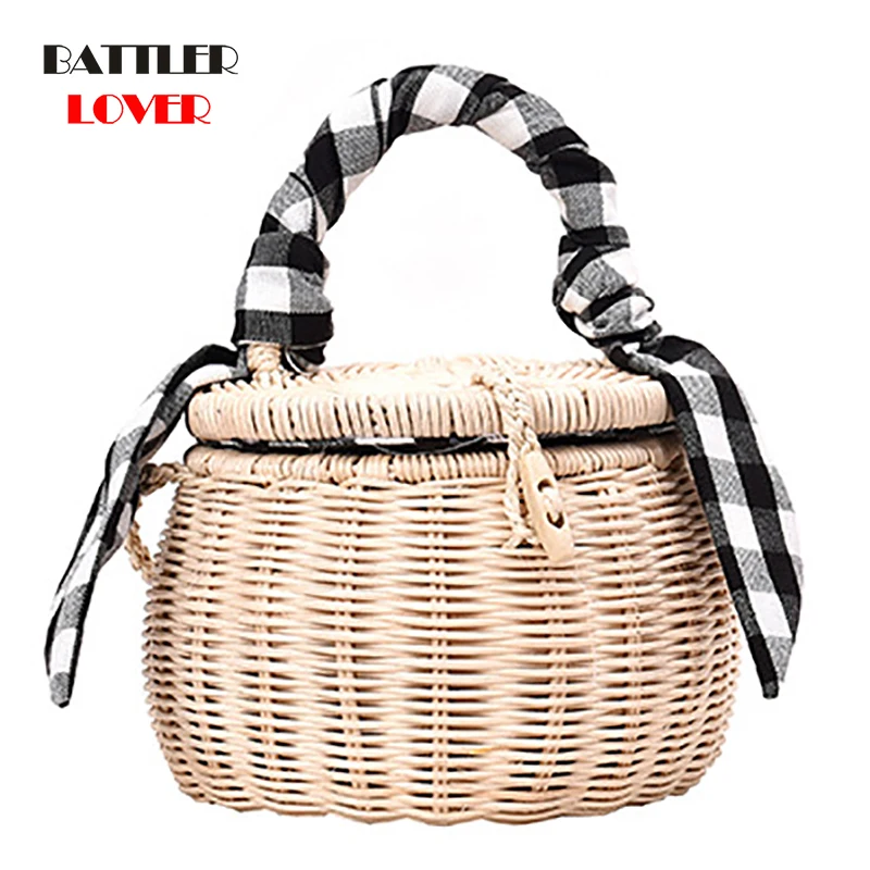 2019 Rattan Bag Women Handbag Lattice Silk Scarf Portable Straw Bag Ladies Cylinder Small Jar Girls Beach Crossbody Phone Bags