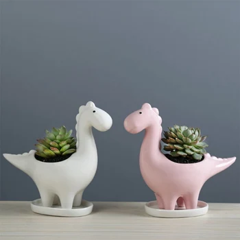 

Ceramic Herbivorous Dragon Flower Planters With Tray Creative Dinosaur Flower Pot Succulent Garden Table Decoration-pink
