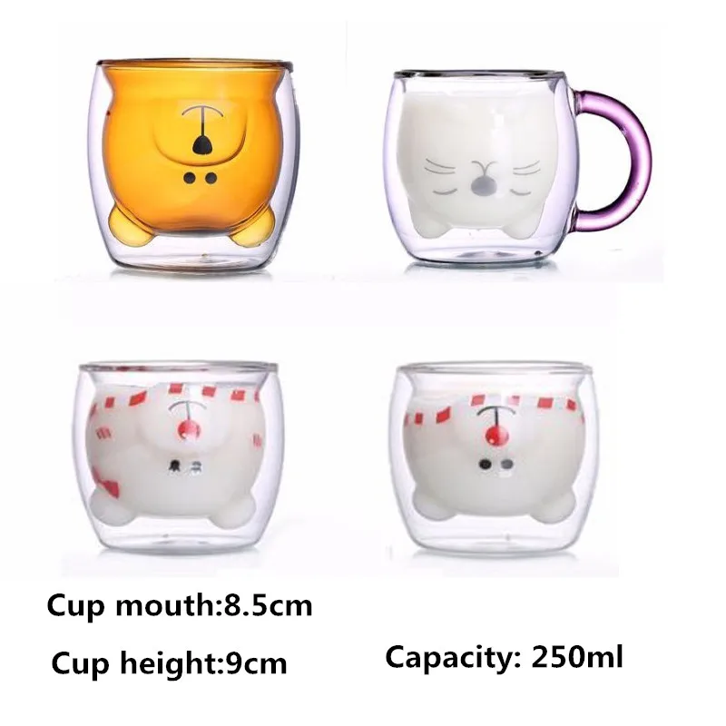 250 мл двойная кофейная чашка, высокое боросиликатное стекло, чашка для холодных напитков, чашка для горячих напитков, милый медведь, стекло для молока, стекло для чая и молока