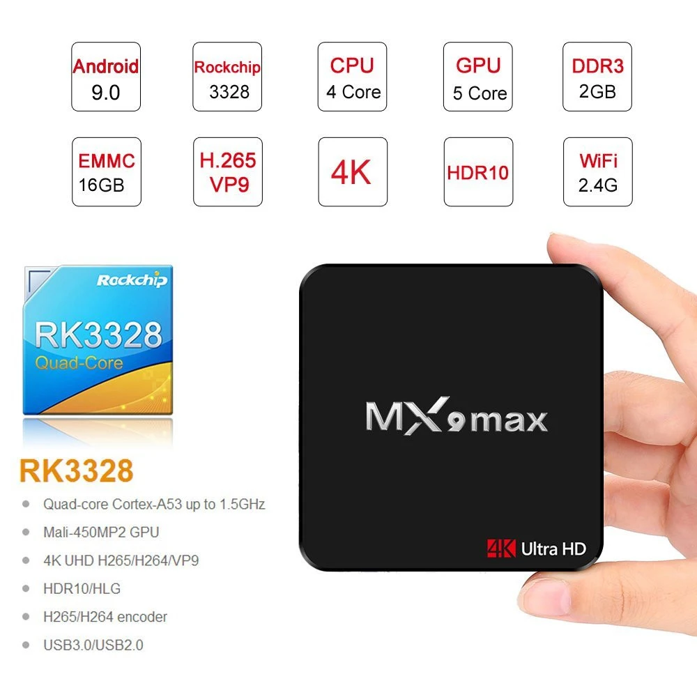 

MX9 Max 2G 16G Android TV Box OS 9.0 Quad Core RK3328 64bit CPU USB3.0 2.4G WIFI H.265 4K Miracast Set Top Box PK X92 MX10 X96