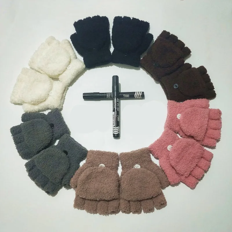 4-9 سنة الأطفال المرجان الصوف متماسكة نصف الاصبع الوجه الكفة القفاز صبي/فتاة الشتاء زائد المخملية سميكة الدافئة الكتابة قفاز C92