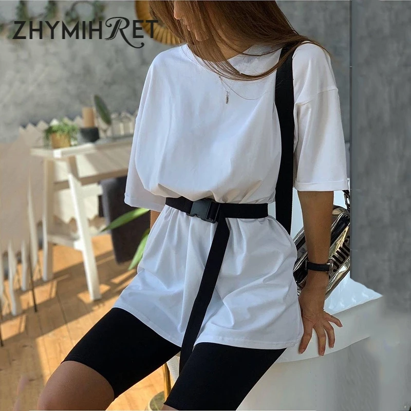 

ZHYMIHRET 2020 Summer T Shirt And Biker Shorts Two Pieces Set Sashes Women O Neck 2 Piece Set With Belts Household Clothing