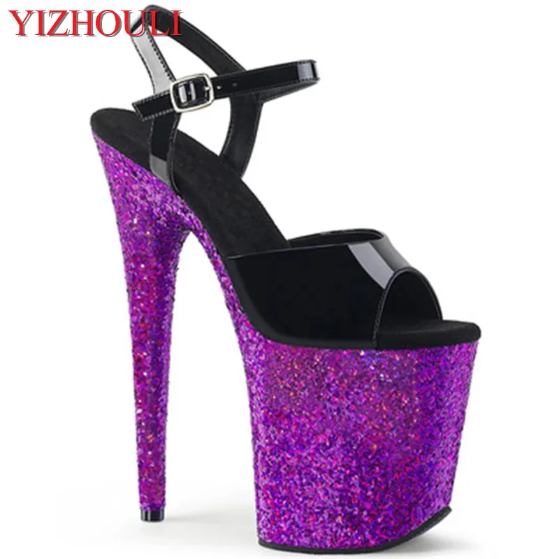 

20 cm sexy purple sequined waterproof platform with black uppers, stiletto heels/ultra high heel pole dancing model sandals