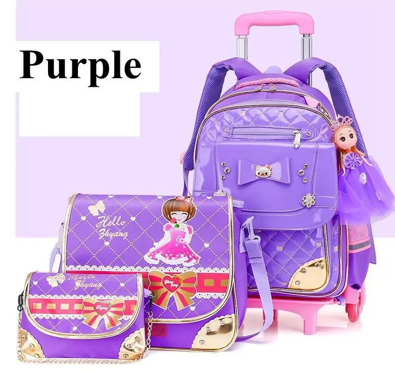Kid's School Bag on Wheels Children Luggage Rolling Bags Wheeled Bag Backpacks for Girls Travel Trolley Backpack Bags for Girls - Цвет: Purple with handbag