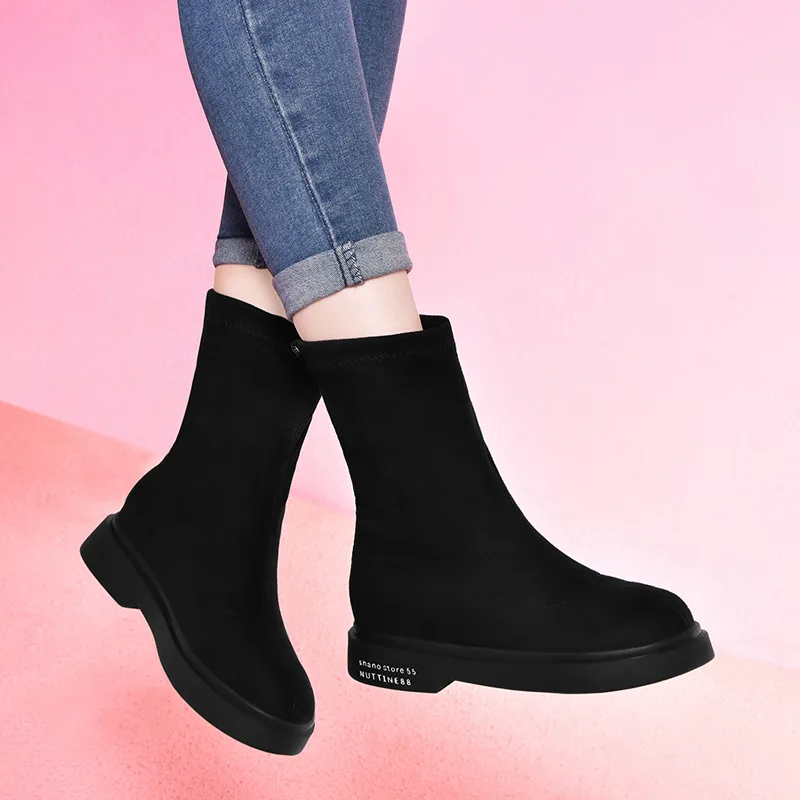 

Elastic Cloth Surface Black And White with Pattern Platform Casual Sports Short Boots Women's Thick Bottomed Versatile Slimming