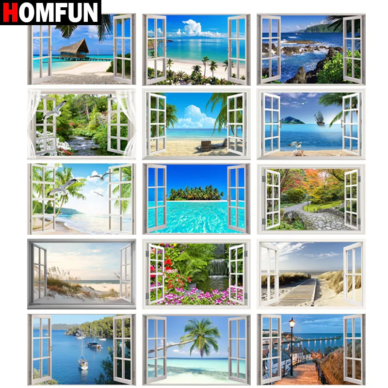 HOMFUN 5d Diamond Painting Full Square/Round "Window sea landscape" Picture Of Rhinestone DIY Diamond Embroidery Home Decor|Diamond Painting Cross Stitch| - AliExpress