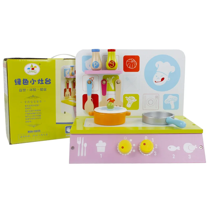 

New Style Wooden Children Model Kitchen mei qi zao tai Set Play House Educational Toy Green Small Stove
