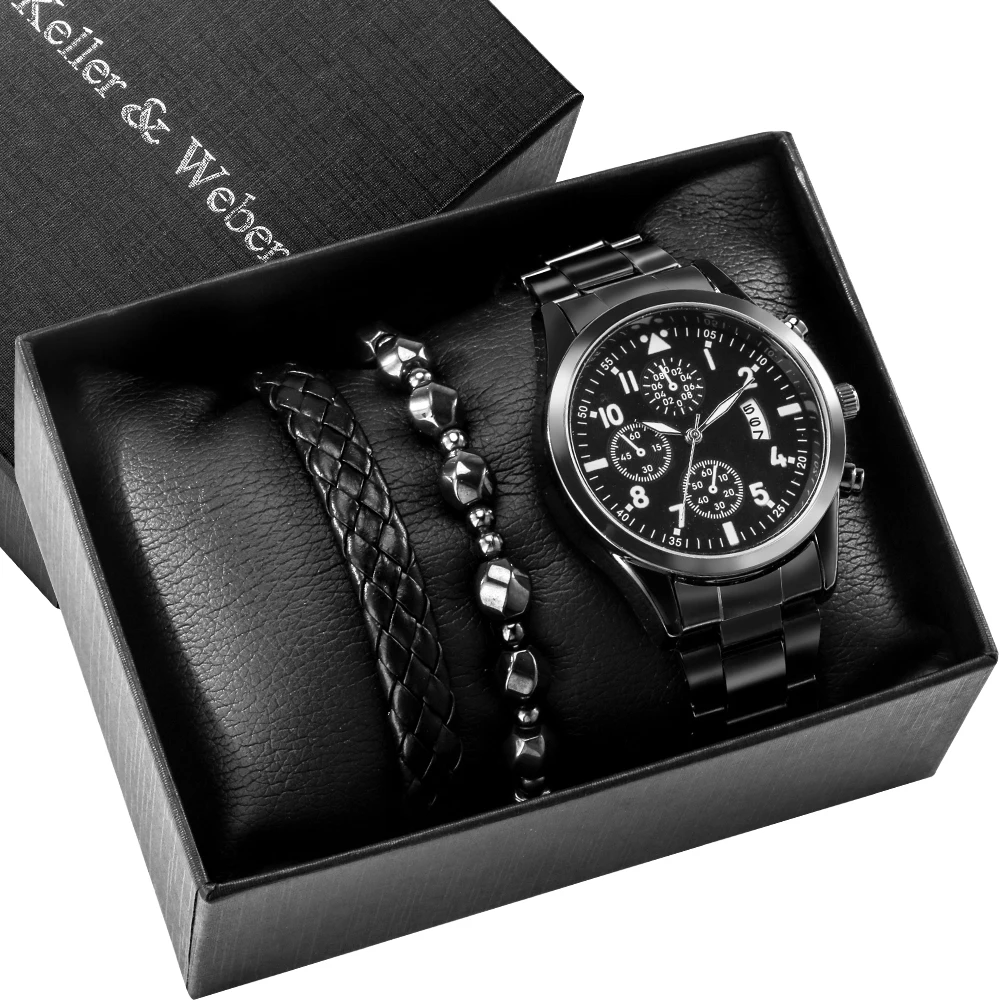 5pcs/set Luxury Gifts Set for Men Top Brand Fashion Men's Watches Handmade Weaver Bead Bangle Gift Box for Husband Boyfriend Him