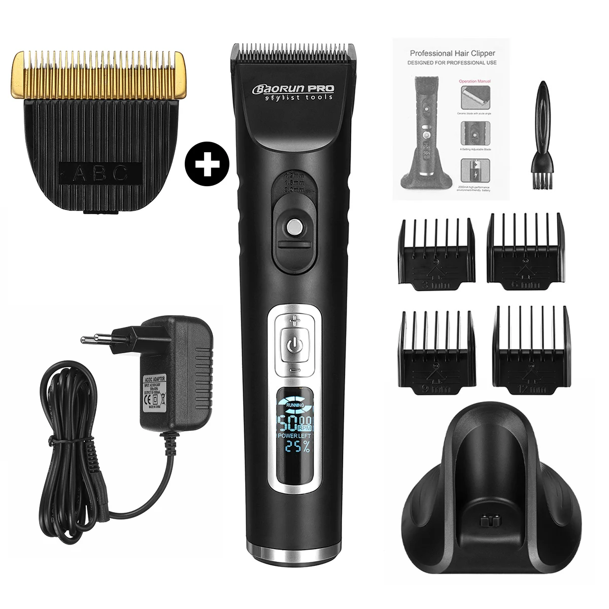 Black with 1 blade Baorun портативная перезаряжаемая машинка для стрижки волос электрическая Беспроводная 5 передач бесшумный светодиодный триммер для волос Машинка для стрижки бороды для мужчин - Цвет: Black with 1 blade