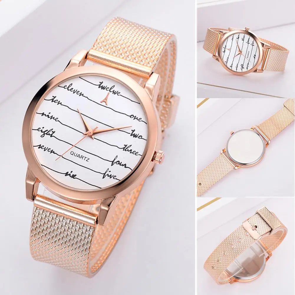 

Trendy Women Fashion Watch Alloy Mesh Watch Band Letter Line Round Dial Watch Analog Quartz Ladies Wristwatches zegarki damskie