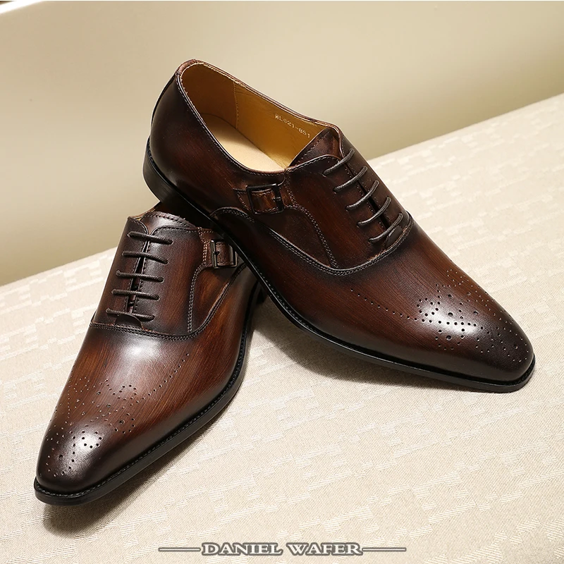 MEN GENUINE LEATHER OXFORD SHOES MEN BUCKLE STRAP OFFICE DRESS WEDDING SHOES BROWN BROGUE POINTED TOE OXFORD FORMAL SHOE SUMMER