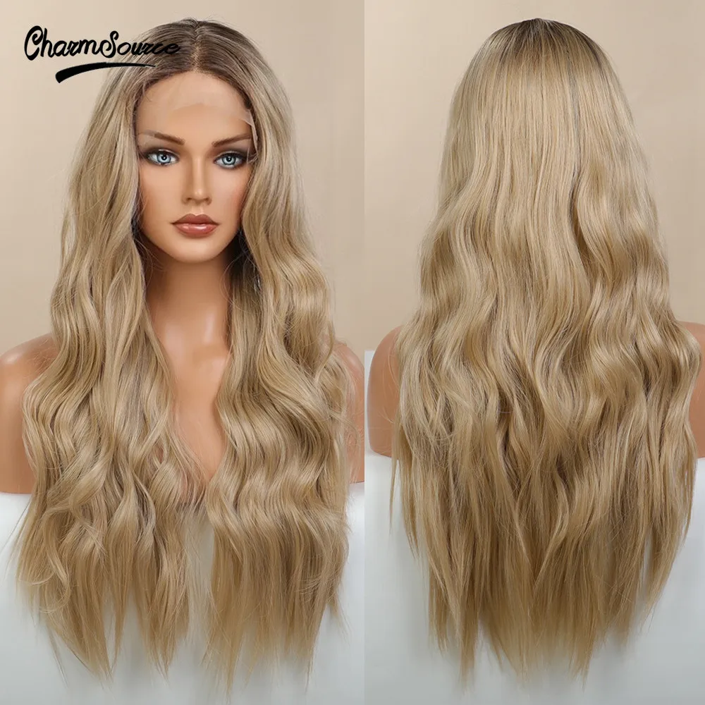 

CharmSource Long Body Wavy Lace Front Wigs Blonde White Wig for Black White Women Daily Party Hair Synthetic Heat Resistant