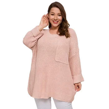 

Casual Plus Size Knit Sweater Women Loose Long Sleeve Pure Color Pocket Sweaters Femme Large Size Autumn Knitwear Pullover