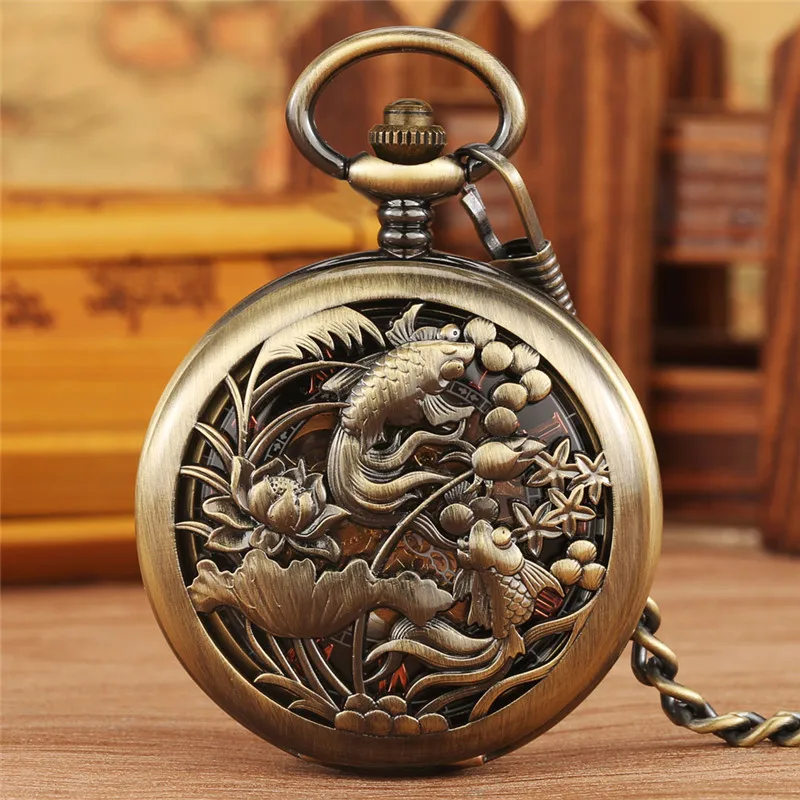 Bronze Silver Hollow Out Fishes Case Unisex Handwinding Mechanical Pocket Watch Pendant Chain Clock Roman Number Dial Reloj Gift