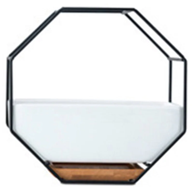 Minimalist Octagonal Geometric Wall Hanging Table Succulents Ceramic Flower Pot Bamboo Tray Iron Frame Set Crafts Gifts Black+Wh