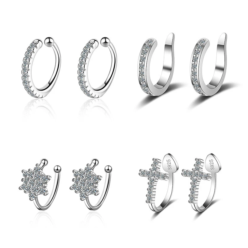 925 Silver Zircon Crystal Clip on Ear Cuff Earring Women Small Mini Without Piercing Hole Fake Earrings ear clip earrings,clip earrings,ear clip,ear accessories