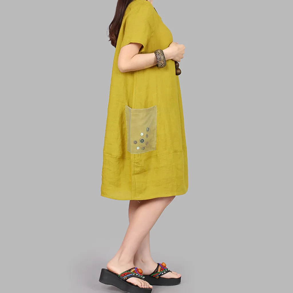 large size Women's Dresses Fashion Pocket O-neck dress Summer loose short-sleeved Dresses