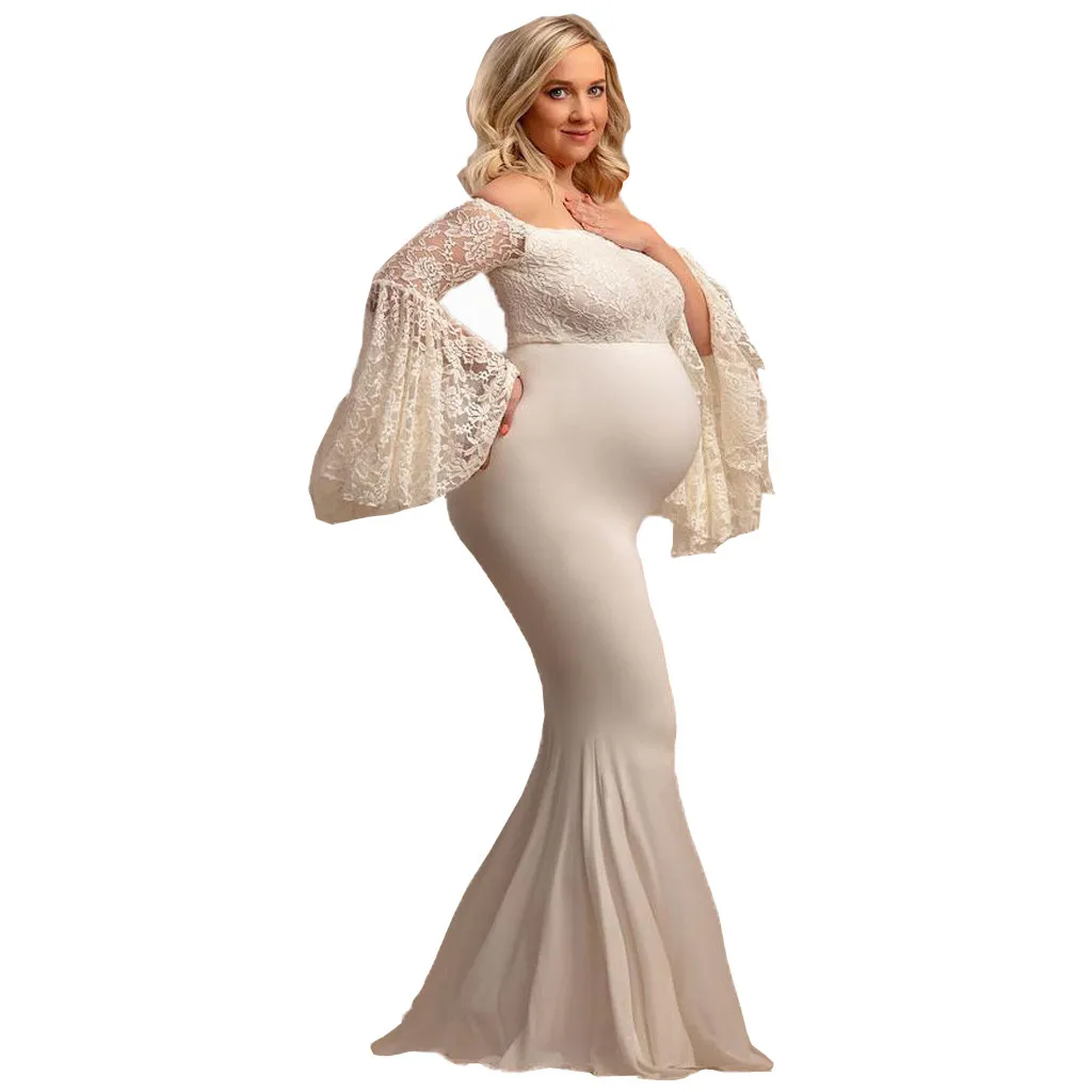 Женское элегантное белое платье для беременных реквизит для фотосессии с оборками и длинным рукавом платье для выпускного вечера
