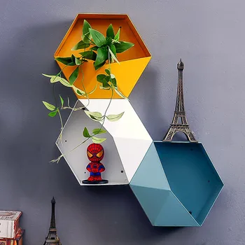 

New Metal Hexagonal Hanging Shelf Modern Personalized Geometry Colour Living Room Wall Sundry Storage Holders Iron Crafts