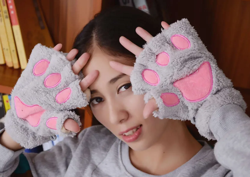 1 пара милых зимних перчаток, милые плюшевые теплые варежки, Короткие перчатки без пальцев с кошачьей лапой, перчатки для женщин, девушек