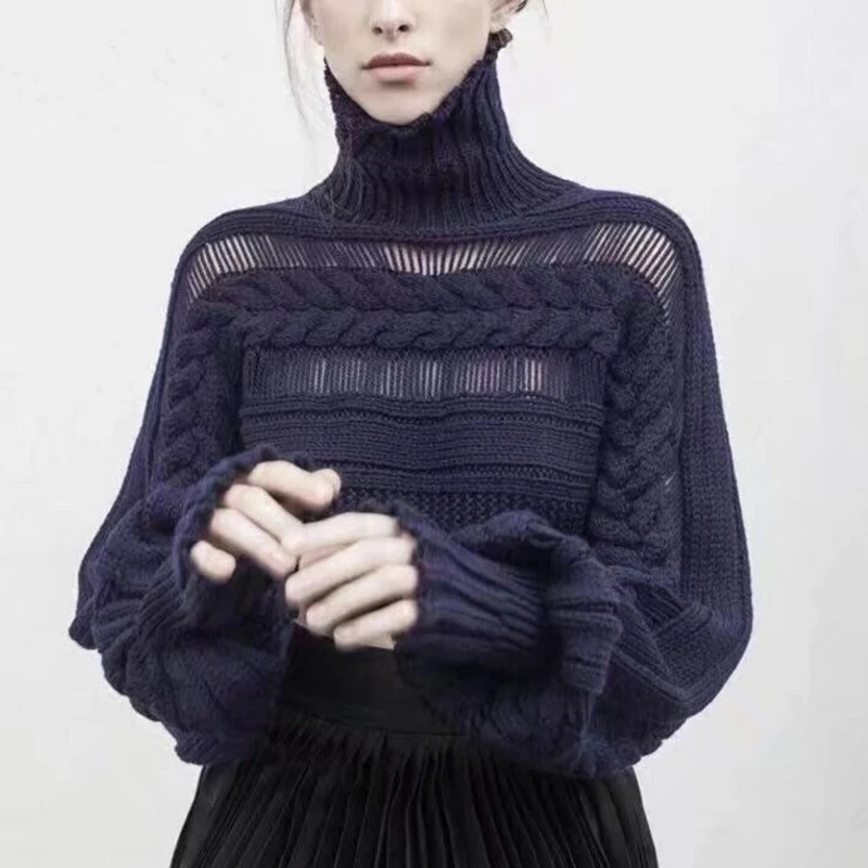 

[EWQ] 2020 Spring Autumn High Quality Turtleneck Collar Long Lantern Sleeve Solid Kntting Pullovers Short Sweater Women AH33314L