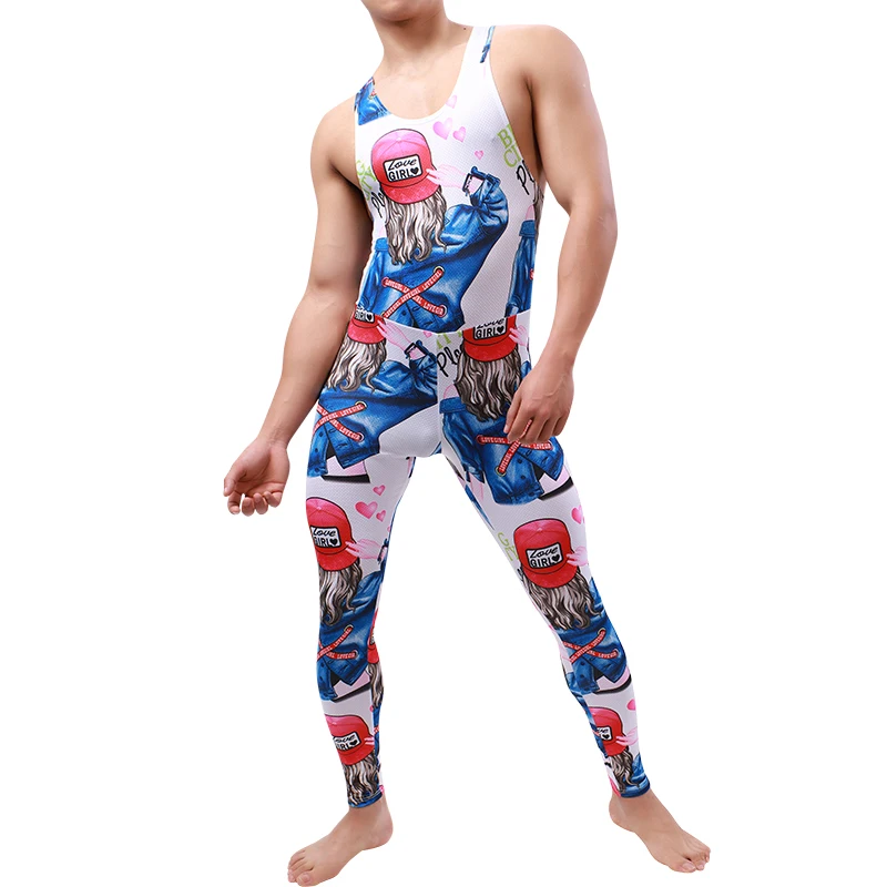 Men Undershirt Leotard Sleeveless Rainbow Printed Jumpsuit Tight Leggings Underwear Bodysuit Wrestling Singlet Rompers Nightwear