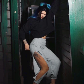 

Women Side Hollow Out High Waist Pants Gray Letter Print Streetwear Pencil Pants 2019 Elastic Waist Trousers Women