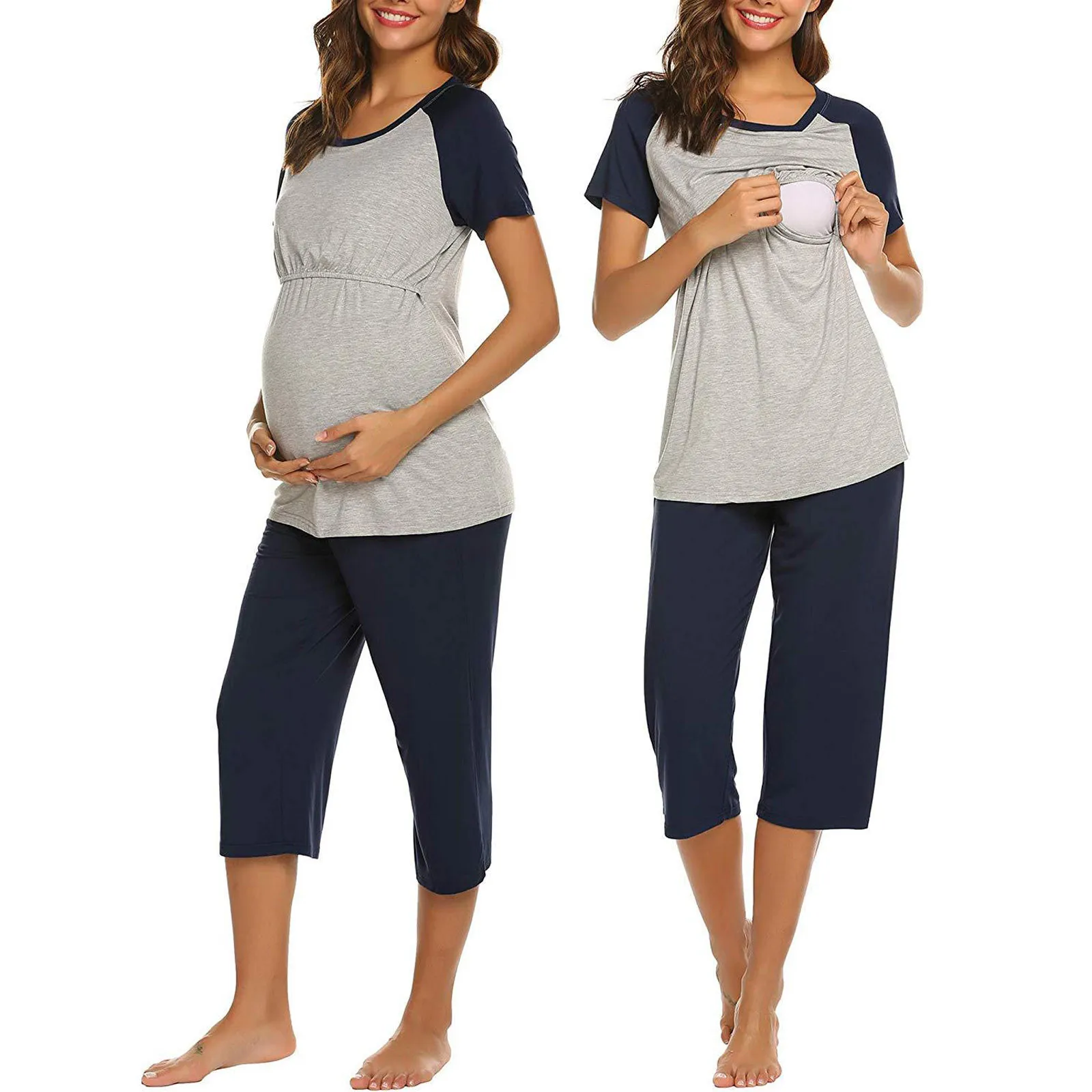 Nursing Pyjama Woman Solid Blouse Pants Jumpsuit Breast feeding Pregnant Maternity Nursing Sets