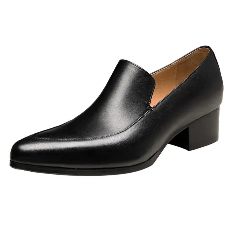 Mens High Heel Men Shoes Black White Genuine Leather Wedding Dress Shoes Pointed Toe Slip On Business Office Work Heighten