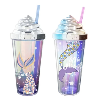 

Summer Straw Cup with Sealing Cover Double-Layer Reusable Tumbler Cup with Mermaid Patterns BPA Free