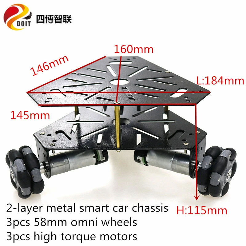 

2-Layer 3WD Metal Smart Robot Car Chassis Kit 58mm Nylon Omnidirectional Wheel 3pcs High Toruqe DC Motor DIY For AGV/ ROS/ Drift