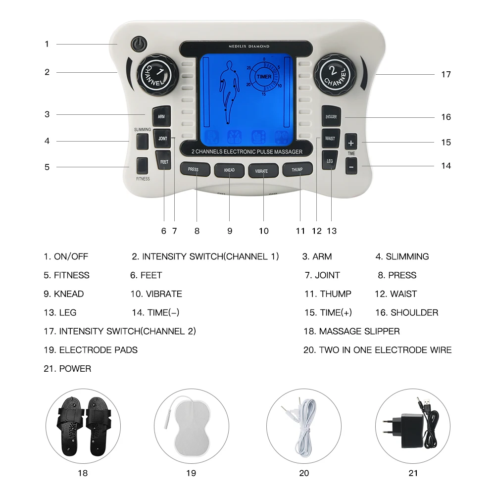 Десять двухканальный выход, EMS, облегчение боли, электрический стимулятор мышц нерва, Цифровая терапия, массажер для физиотерапии
