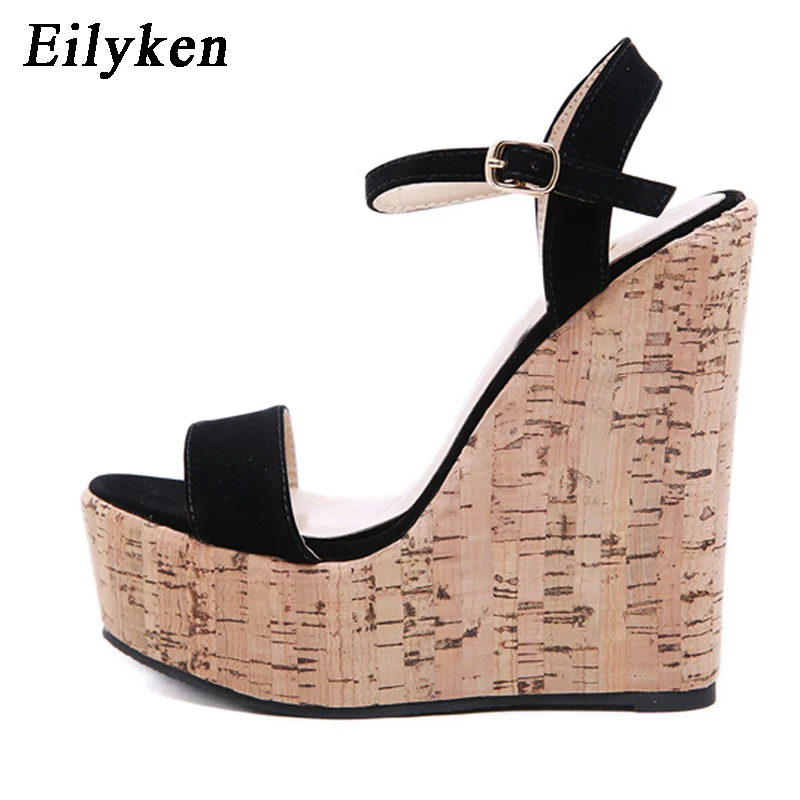 Eilyken/Новинка года; желтые босоножки на высоком каблуке; обувь на танкетке для отдыха; пикантные женские летние босоножки с пряжкой; Размеры 35-40 - Цвет: Black