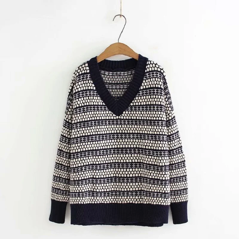 Sweaters Pullovers Plus Size Autumn Winter Women V neck Striped Casual Pullover Sweater Lady