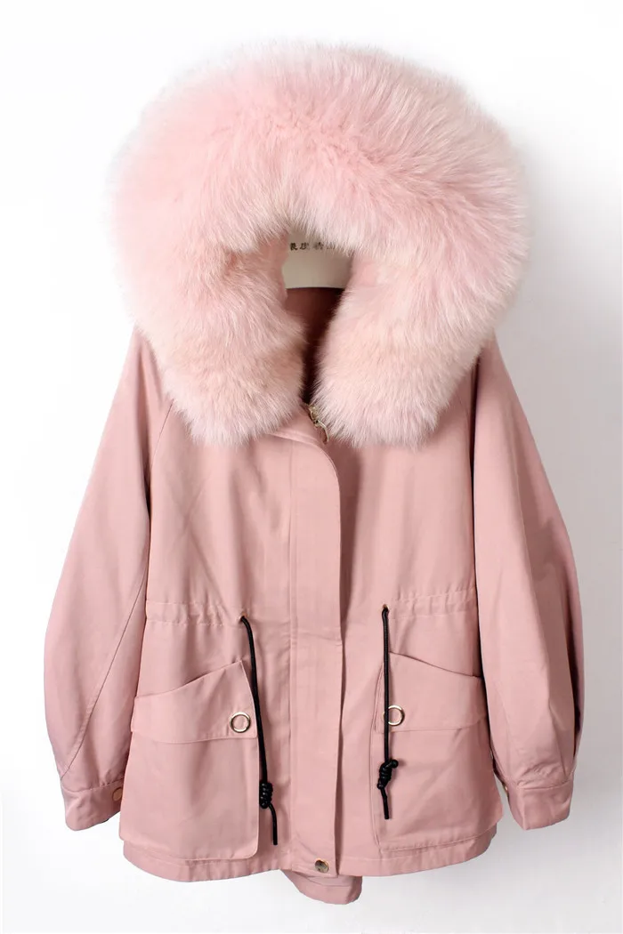 Back flowers embroidery letter real fur parka coat women thick rabbit fur lined short winter jacket real fox fur collar hood