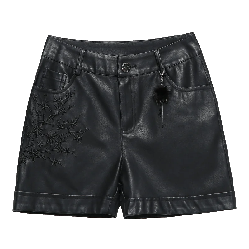Осенне-зимние модные женские черные шорты с высокой талией из искусственной кожи, женские шорты с вышивкой
