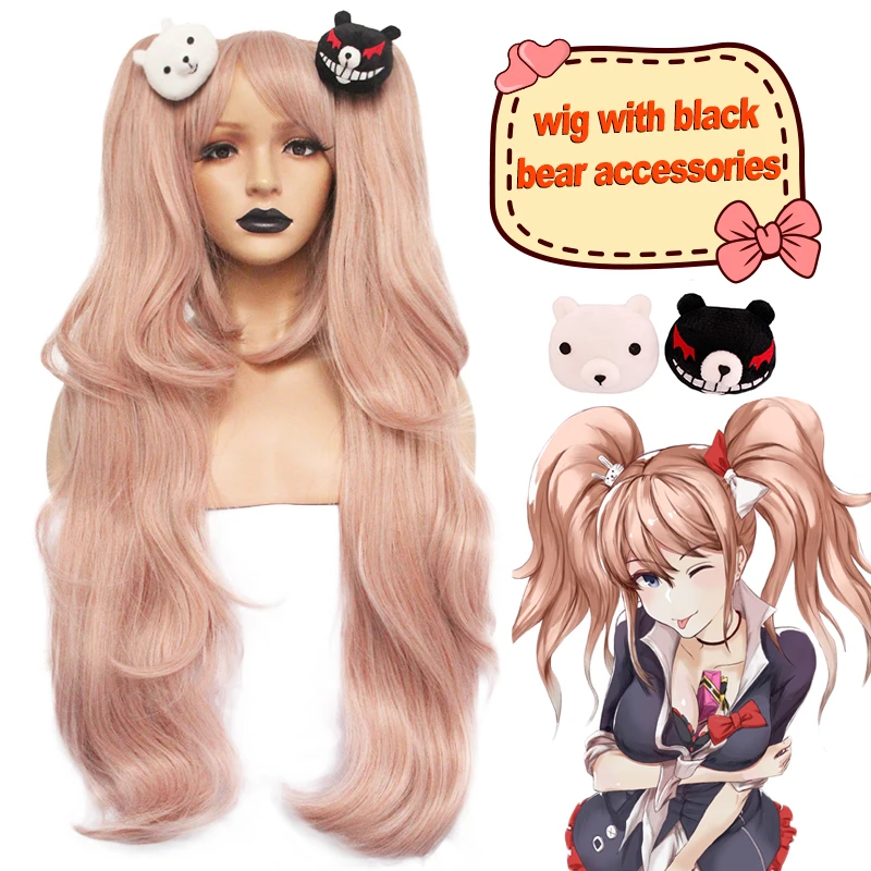 ANOGOL Anime Junko Enoshima Dangan Ronpa Light Pink Long Wavy  Synthetic Cosplay Wigs Ponytails Black White Bear Clips Costume