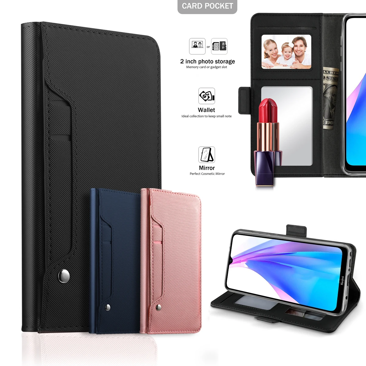 

For Xiaomi Redmi Note 8T Case PU Leather Flip Stand Wallet Case with Mirror & Card Slots For Xiaomi Mi CC9 Pro Mi Note 10 Cover