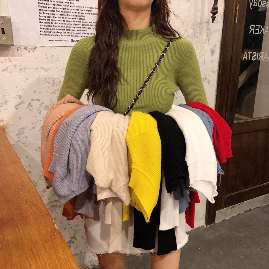 

Базовая однотонная водолазка с коротким воротом, пуловер, свитер для женщин, весенне-осенний Вязаный топ с длинными рукавами, корейский облегающий свитер розового, зеленого, синего цвета