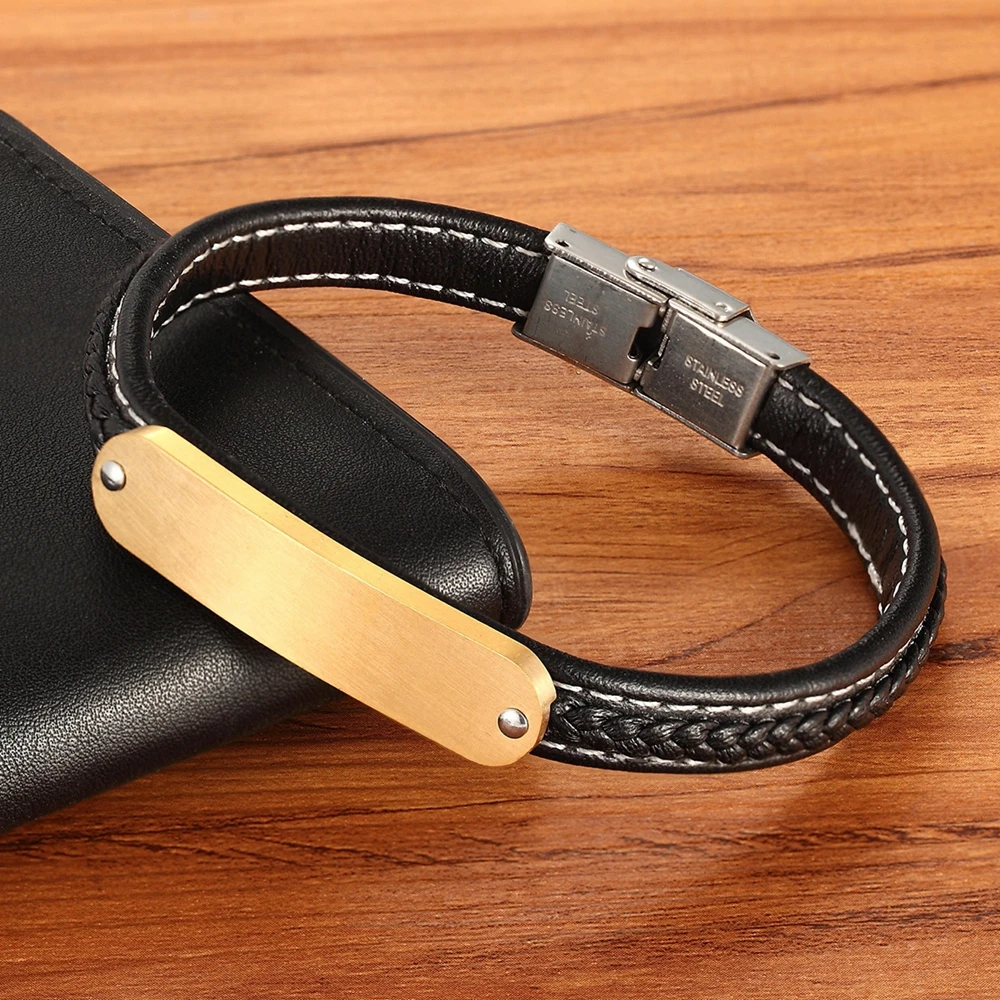 Stainless Steel Tri-Color Accessories Men’s Leather Bracelet Hand-knitted Black Leather for Boys Commemorating Christmas Gifts