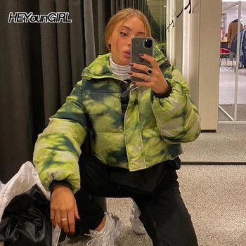 

HEYounGIRL Winter Tie Die Print Puffer Bubble Jacket Ladies Casual Warm Parka Harajuku Short Coat Women Zipper Streetwear Korean
