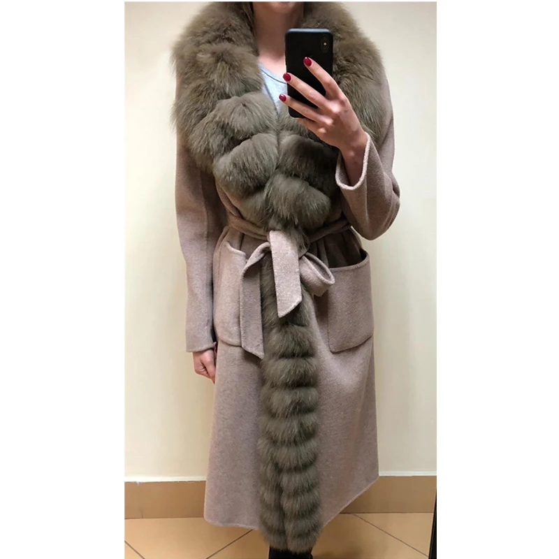 Мех Sarcar, высокое качество, стиль, женское кашемировое пальто из натурального меха серебристой лисы, роскошное большое пальто из меха лисы с меховым воротником, толстое длинное меховое пальто