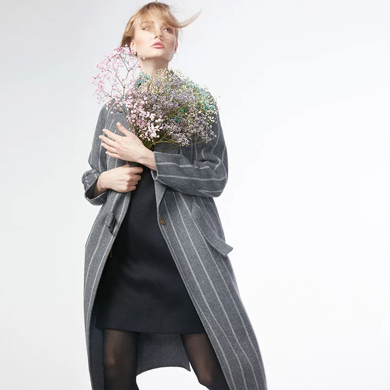 

Winter Long Jackets And Coats Women European Brand Gray Striped Wool Coat Female Windbreaker Casual Tops LX1923