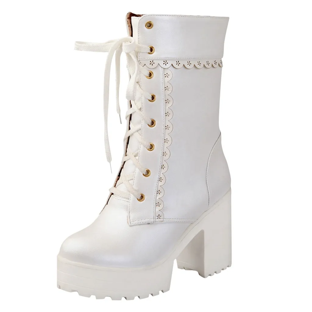 Women's Lace Tie High Heel Shoes Sweet Lady Platform High Heel Boots bottes femme#y3