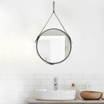 

Creative Round Belt Hanging Mirror PU Leather Frame Bathroom vanity Makeup Mirror Hotel Home Decoration Wall Mirrors WJ606